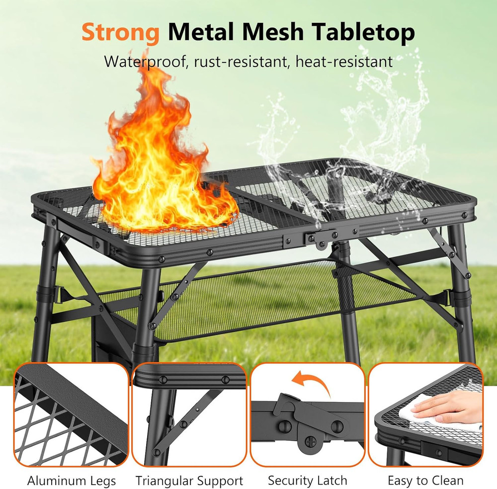 Folding Grill Table for Outside, 3 Height Adjustable Small Camping Table with Me