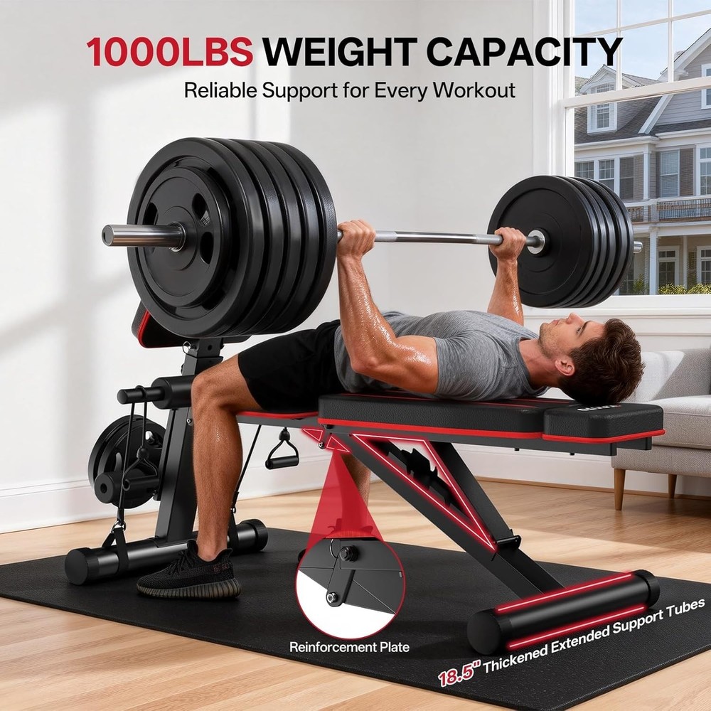 Versatile Foldable Weight Bench with Leg & Preacher Curl Extensions - 1000 LBS