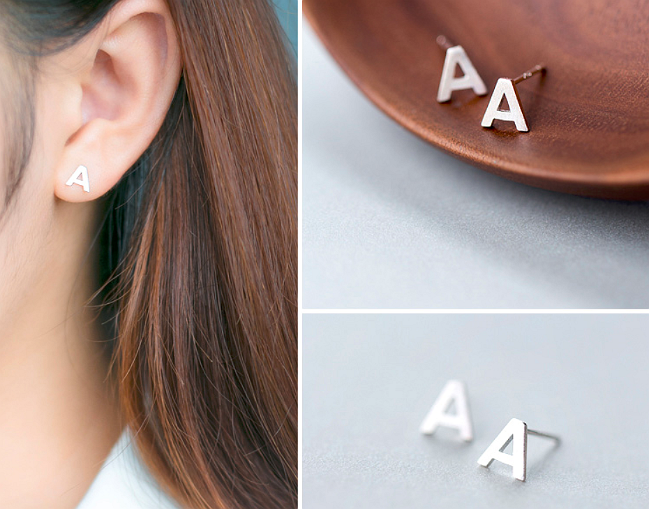 S925 Sterling Silver Satin Finish Alphabet Letter Initial Stud Earrings