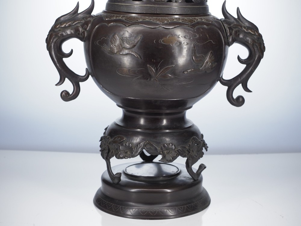Large Antique Bronze Chinese incense burner censor, 21" tall signed