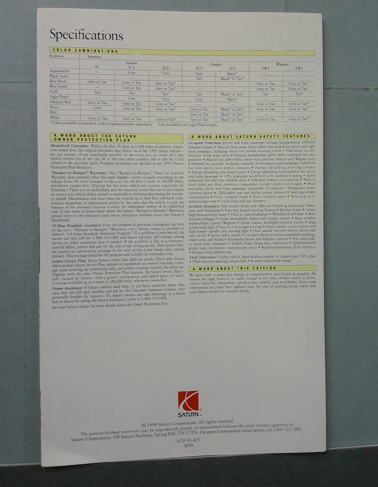 1995 Saturn Sales Folder