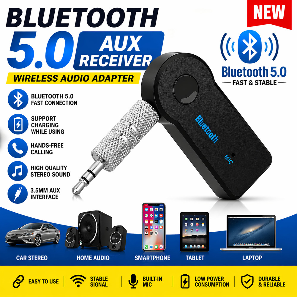 Bluetooth 5.0 Car Aux Adapter 3.5mm Wireless Audio Receiver Transmitter Handsfre
