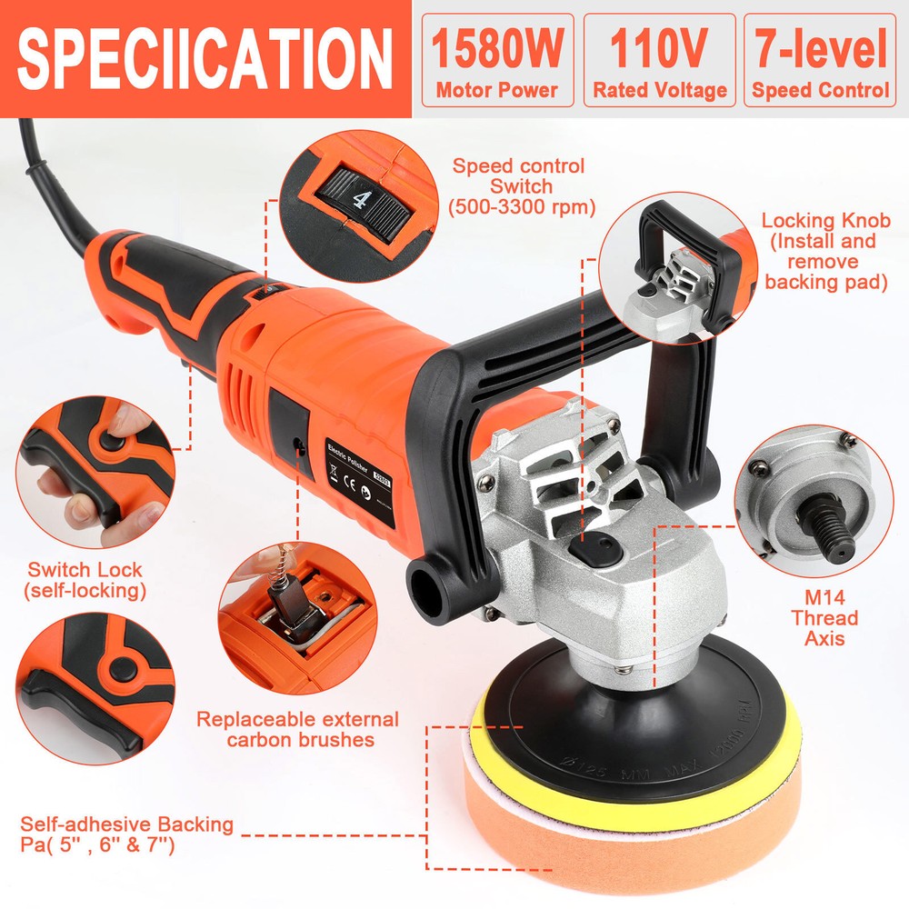 Electric Car Polisher Sander Buffer Polishing Machine Kit 1580W Variable Speed