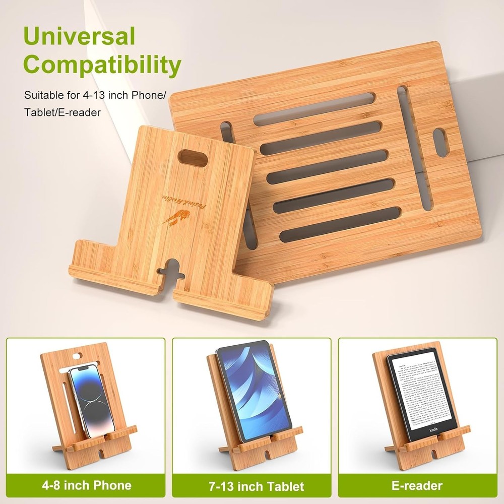 Multi-Angle Bamboo Tablet Holder for Smartphones & Tablets - Adjustable Size