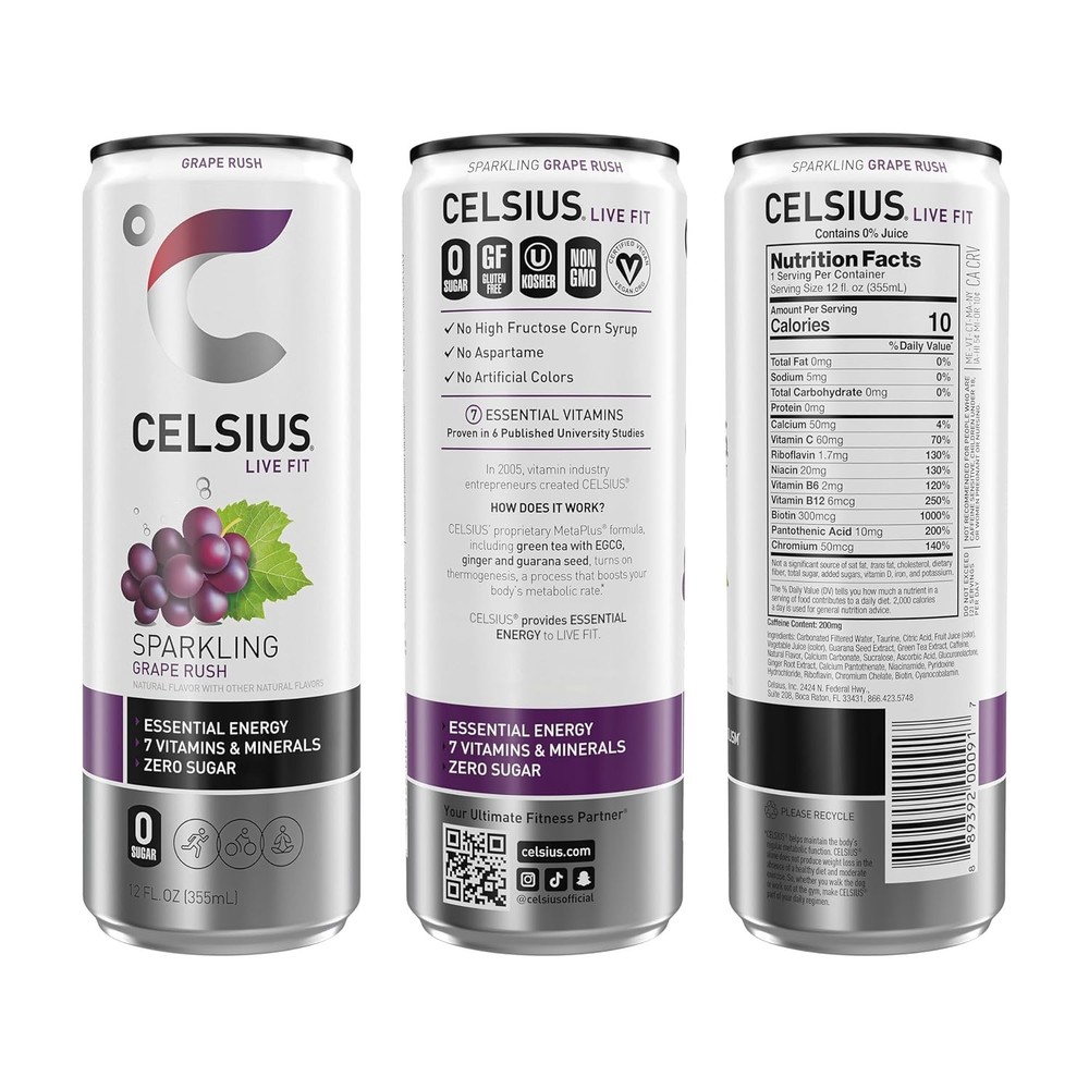 CELSIUS Sparkling Grape Rush, Functional Essential Energy Drink 12 Fl Oz 12 Pack