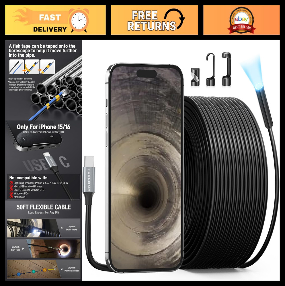 50FT USB-C Borescope Camera with Light for iPhone & Android - Waterproof Endosco