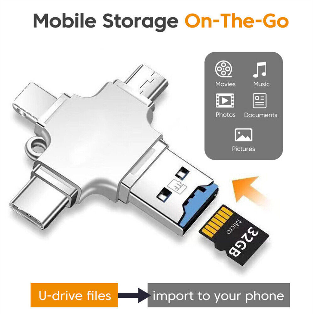 4 in 1 OTG Card Reader USB-C Micro TF Memory Card Adapter For iPhone Android PC