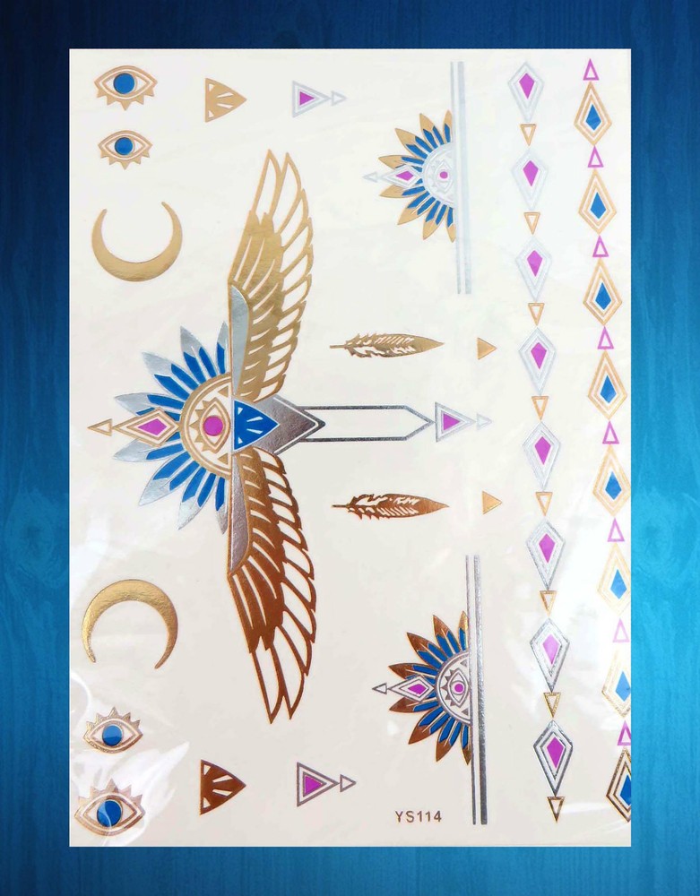 20 large sheets rose feather boho retro mixed designs flash tattoo metallic gold