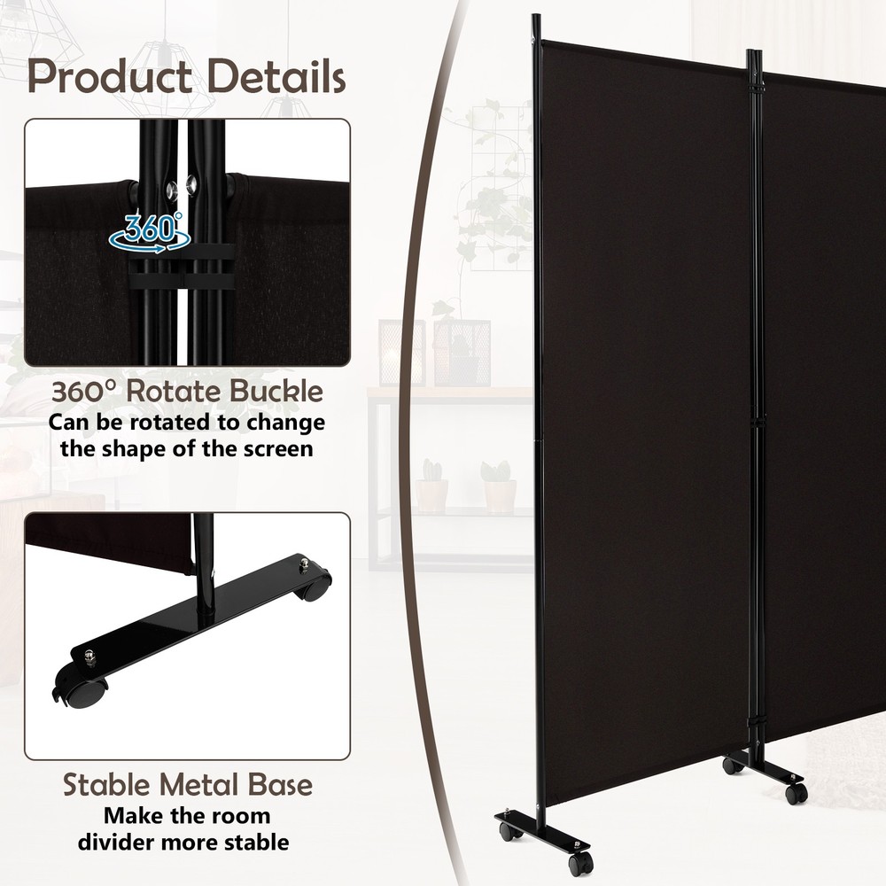 6-Panel Folding Room Divider 6FT Rolling Privacy Screen w/ Lockable Wheels Brown