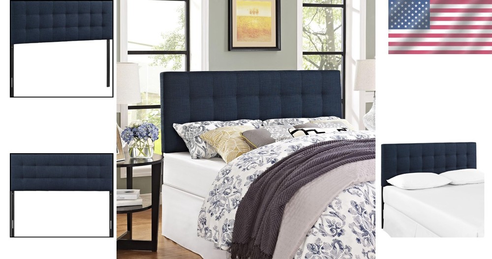 Queen Tufted Linen Upholstered Headboard Navy Modern Adjustable Height