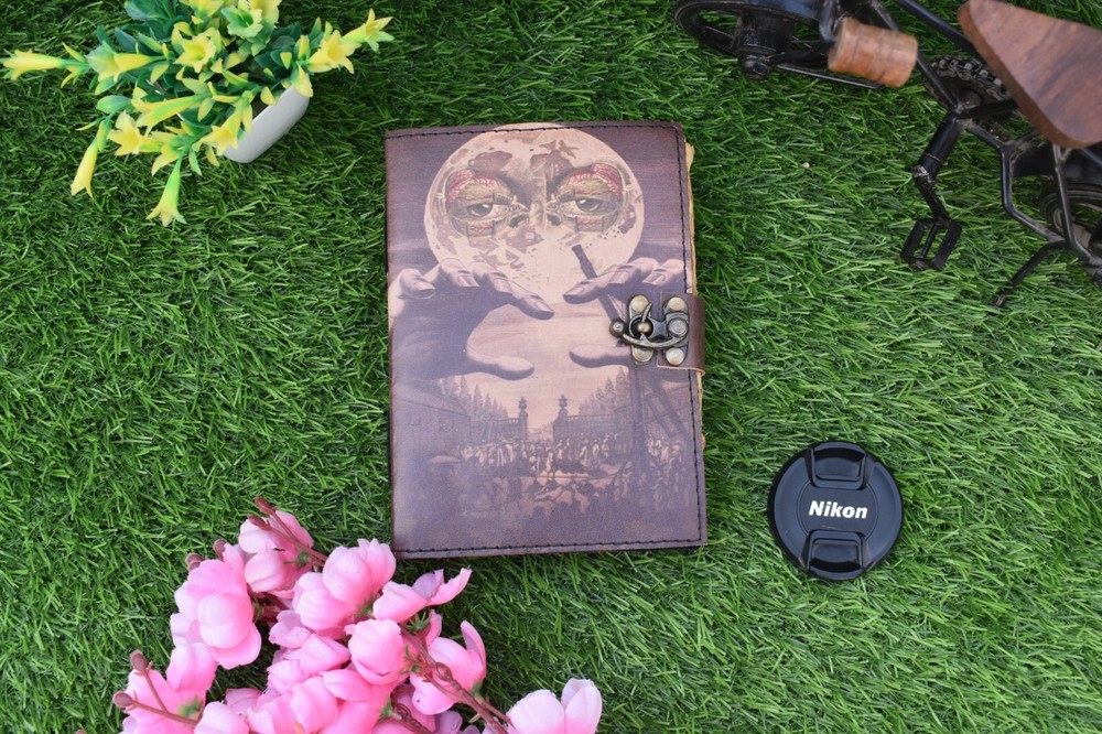 Wicca Moon Magic Witchcraft printed leather journal Deckle edge notebook 7x5"