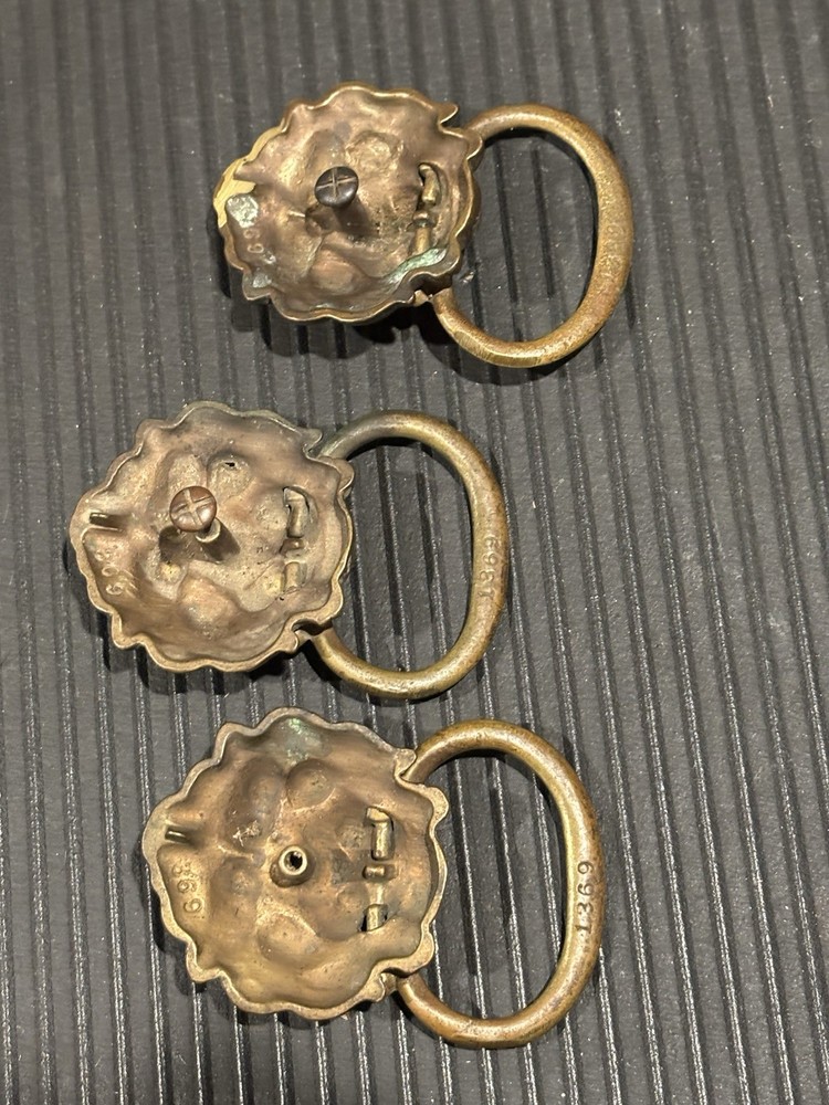 3 LION HEAD Pull Drawer Pull Antique VTG Brass 2” Tall Handle