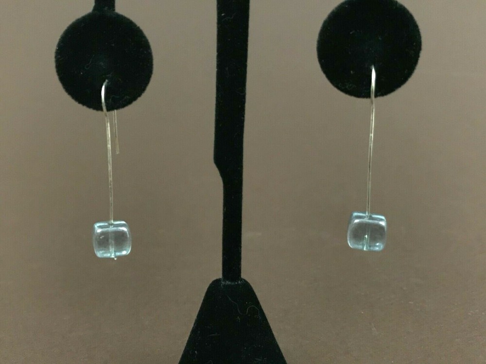 Unique Wired Light Blue Glass Cube Beads Silver Tone Dangle Pierced Earrings