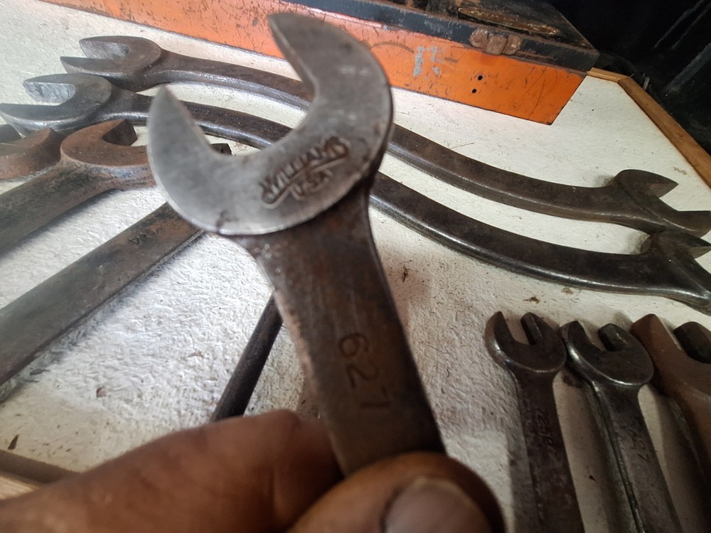 Vintage Williams metal toolbox with multiple Wrenches used