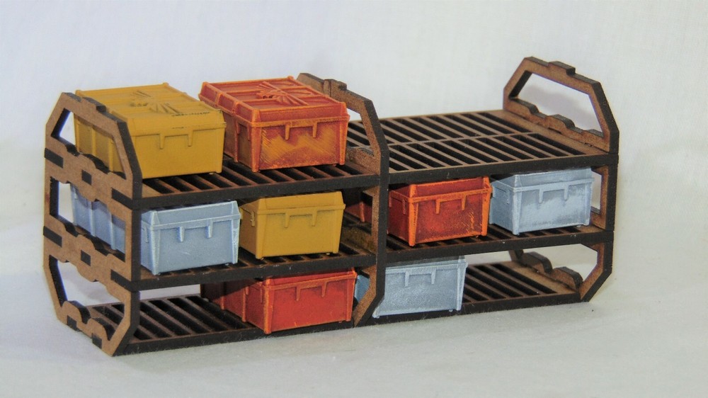 Cargo container racking x2, 28mm scale wargames scenery laser cut MDF