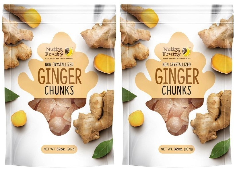 4-Pack Nutty & Fruity Ginger Chunks Dried Non Crystallized Ginger, 32 oz Each