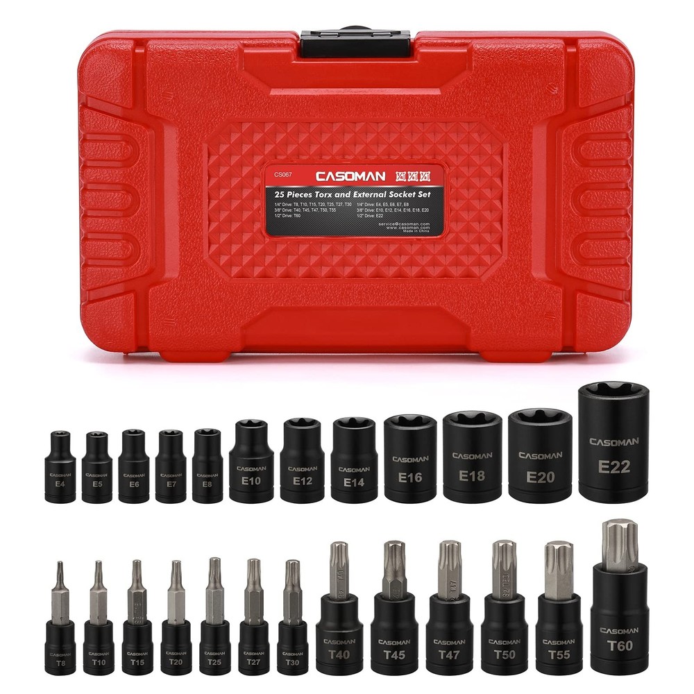 25 Piece Torx Bit Socket and External Socket Set 13 Star Socket Bits (T8- T60)&