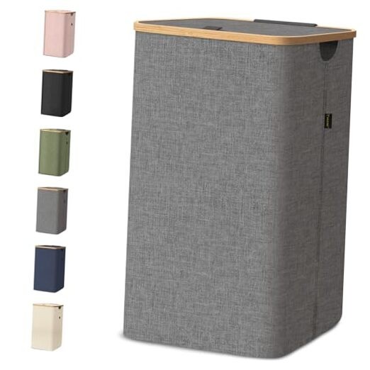 Laundry Hamper with Lid, Tall Laundry Baskets with Bamboo Pull 100 liters Grey