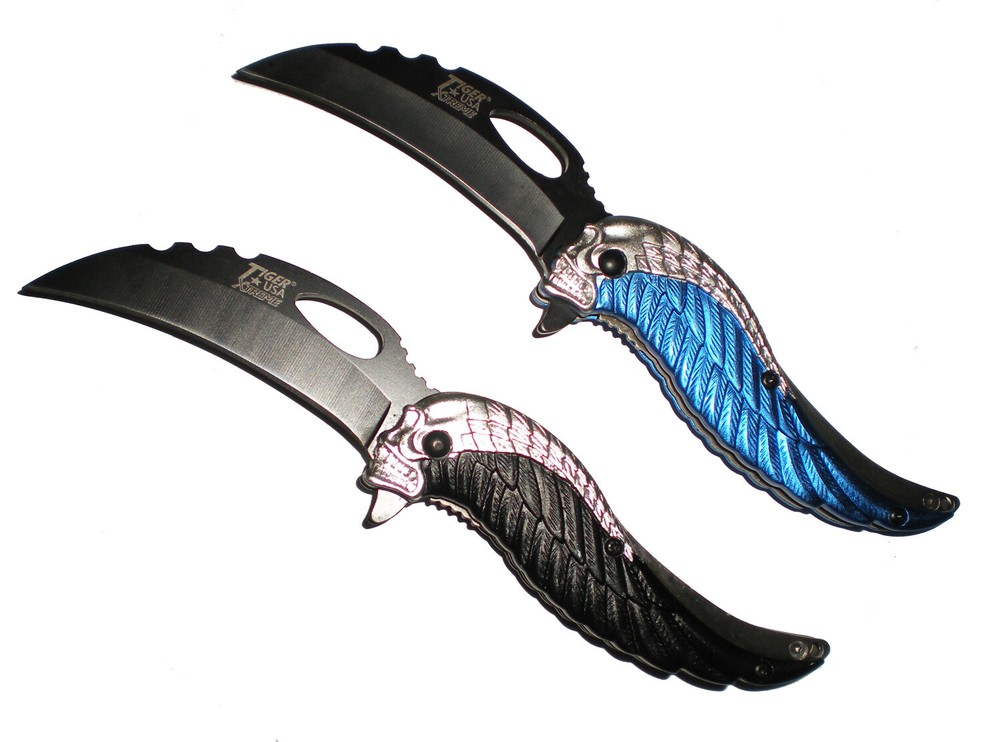 TWO PACK Black & Blue Skull Assisted Blade KARAMBIT CLAW Assisted Open