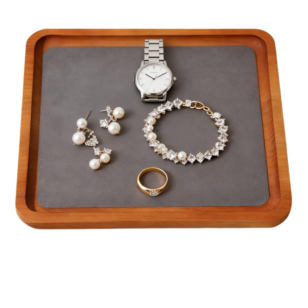 Wooden Jewelry Display Tray Rounded Rectangle Ring Showcase Stackable Elegant...