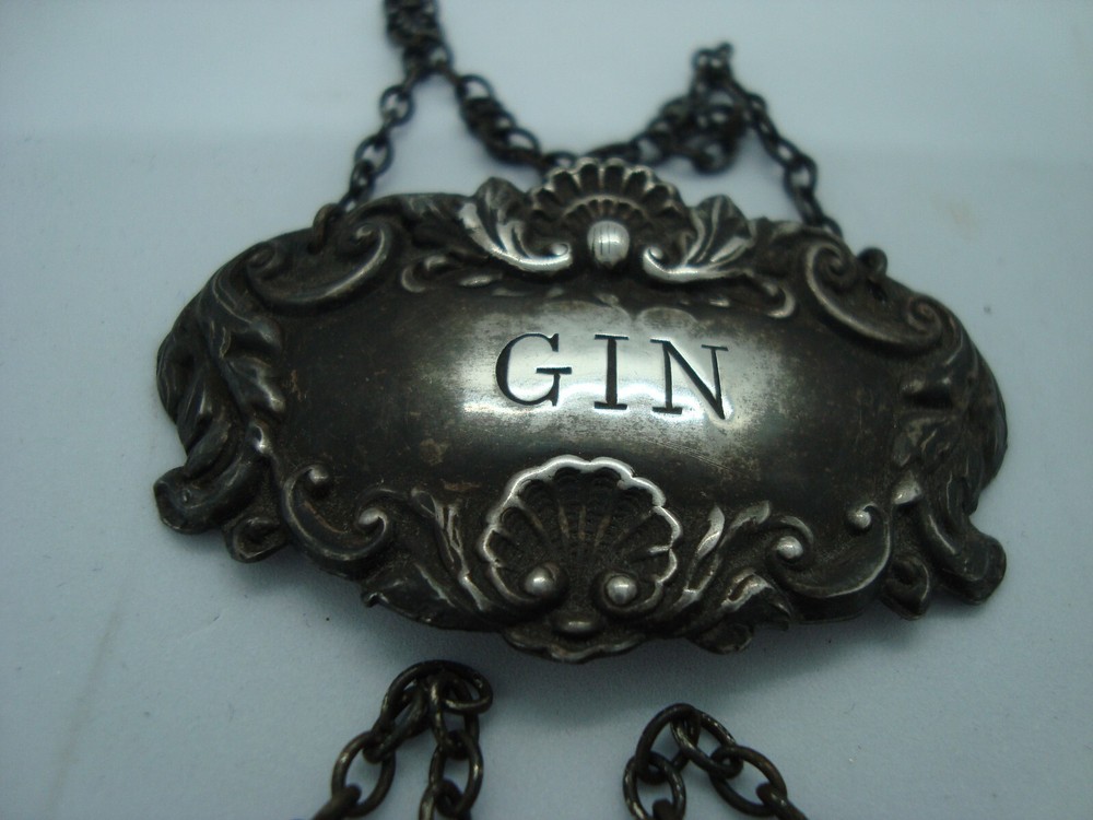 FOUR 1949 Sterling Silver Liquor Decanter Tags -GIN/PORT/RYE/SCOTCH same pattern