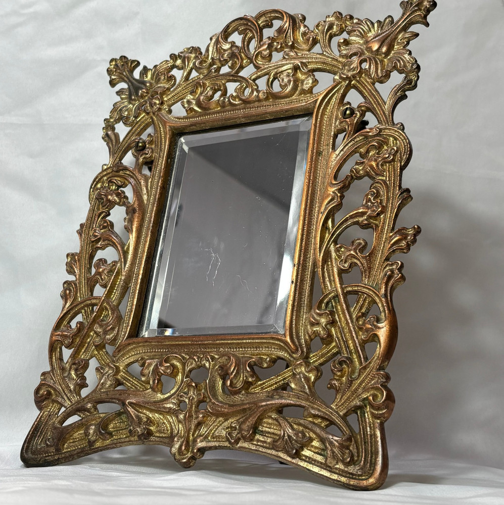 Antique Brass Frame Rococo Style Mirror Table Top Bevel Edge Easel Back