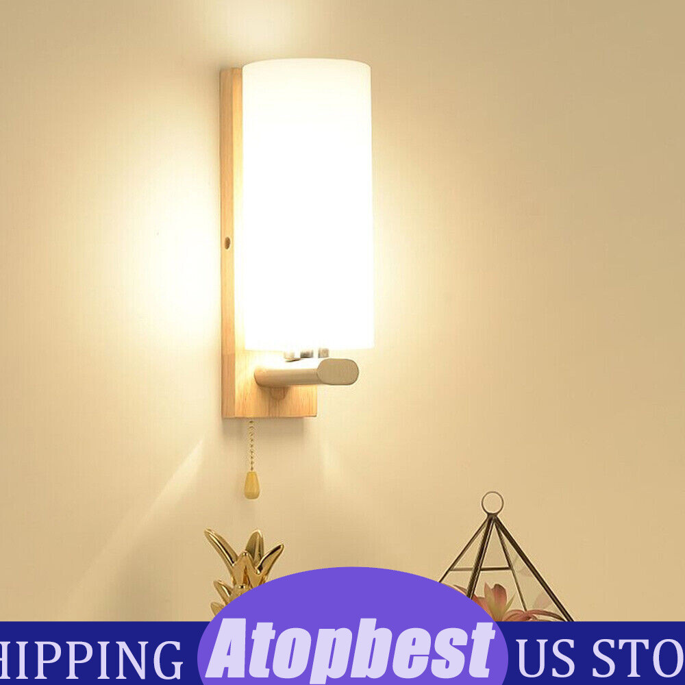 Modern White Wall Light Sconce Glass Shade Bedside Hallway Lamp With Pull Switch