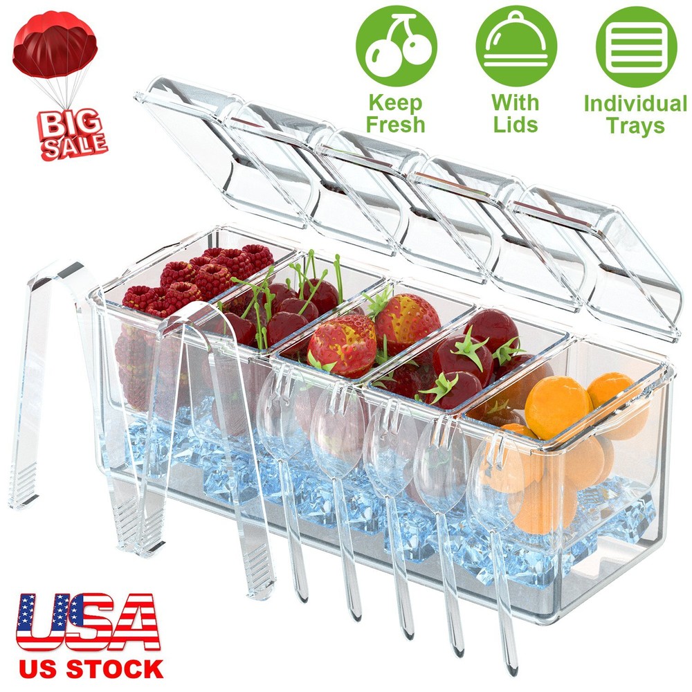 Ice Chilled Condiment Caddy, Condiment Server with Separate Lids Keep Fresh