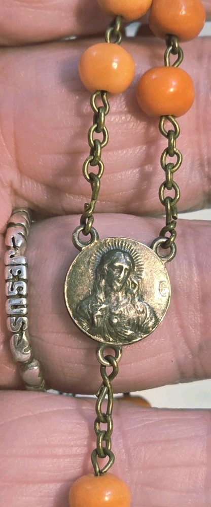 Antique French Rosary Real Angel Skin Coral Beads Silver Catholic Crucifix 22"