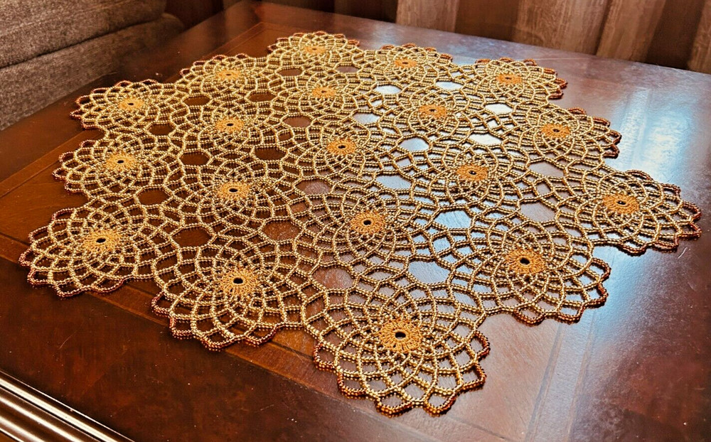 HANDMADE GOLD & COPPER CROCHET BEADED DOILY 20"