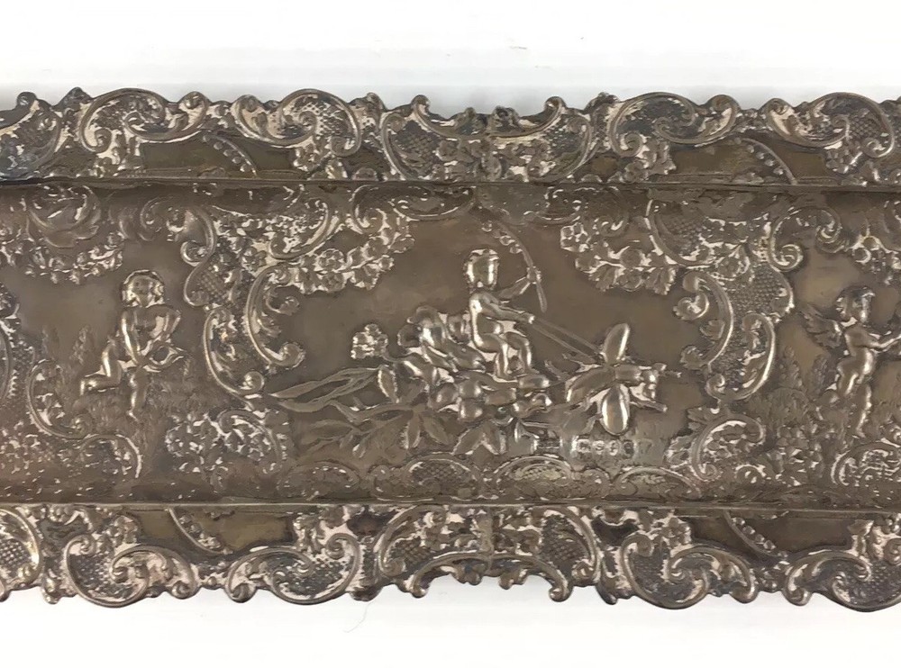 Antique 1893 Samuel Boyce Landeck Solid Silver Putti/Cherubs Embossed Pen Dish