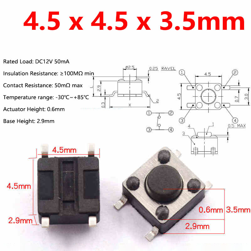 Tactile Tact Switch Momentary SMD Micro Push Button Switch 4.5x4.5 6x6 12x12mm
