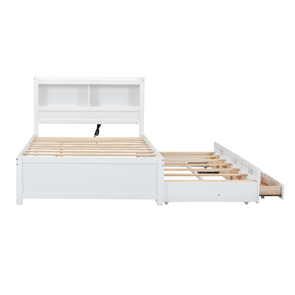 Full Size Bed Frame Wood Platform Bed with Pull Out Trundle & Drawers White/Gray