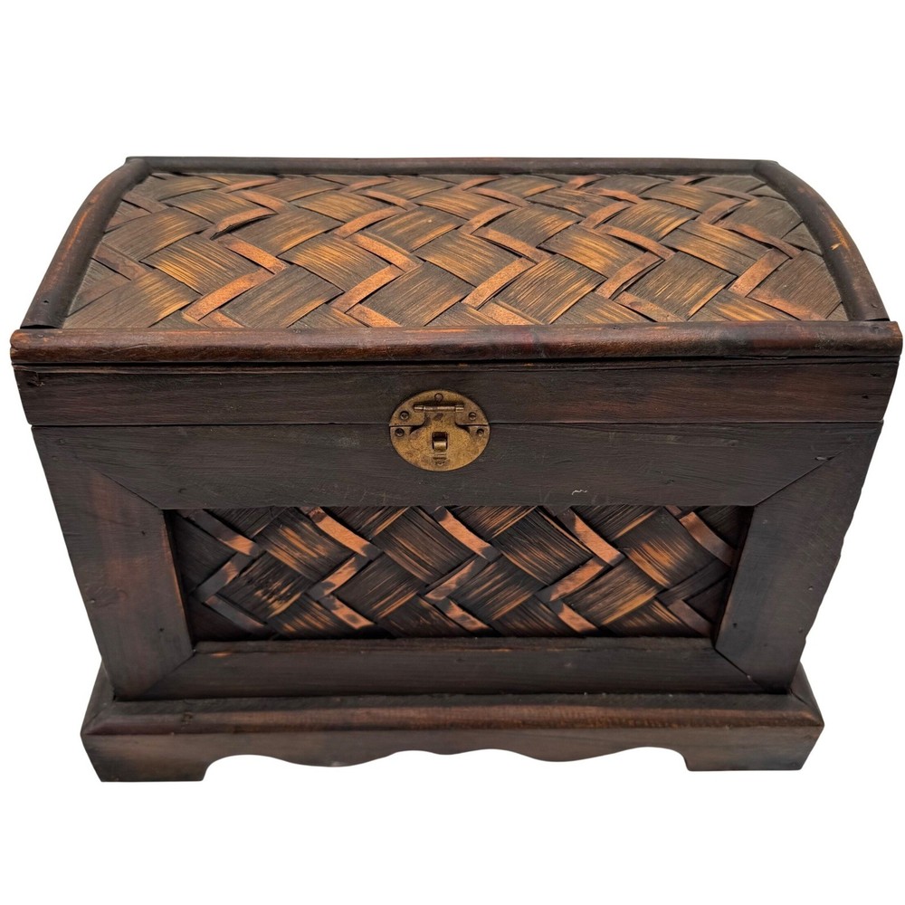 Vintage Woven Panel Wooden Chest Metal Accent Rustic Storage Keepsake Box Rustic