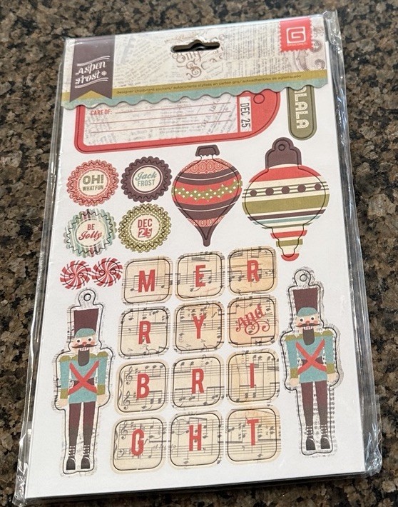Basic Grey ASPEN FROST Designer Chipboard Stickers Christmas  Alphabet 4 Sheets