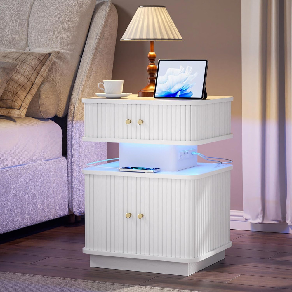 LED End Table with Charging Station, Mid-Century Design, 2 Doors, White