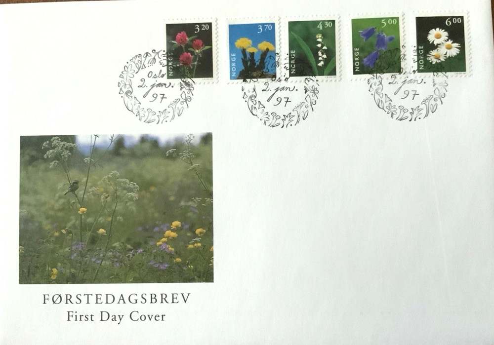 Norway 1997  FLOWERS 5 STAMP COMPLETE SET  CACHET  FDC UNADDRESSED
