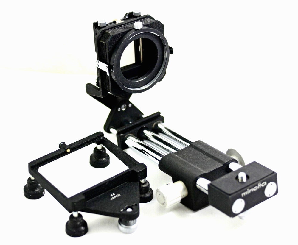 MINOLTA MD CAMERA  SLIDE COPIER WITH RAIL ATTACHMENT AND MACRO STAND