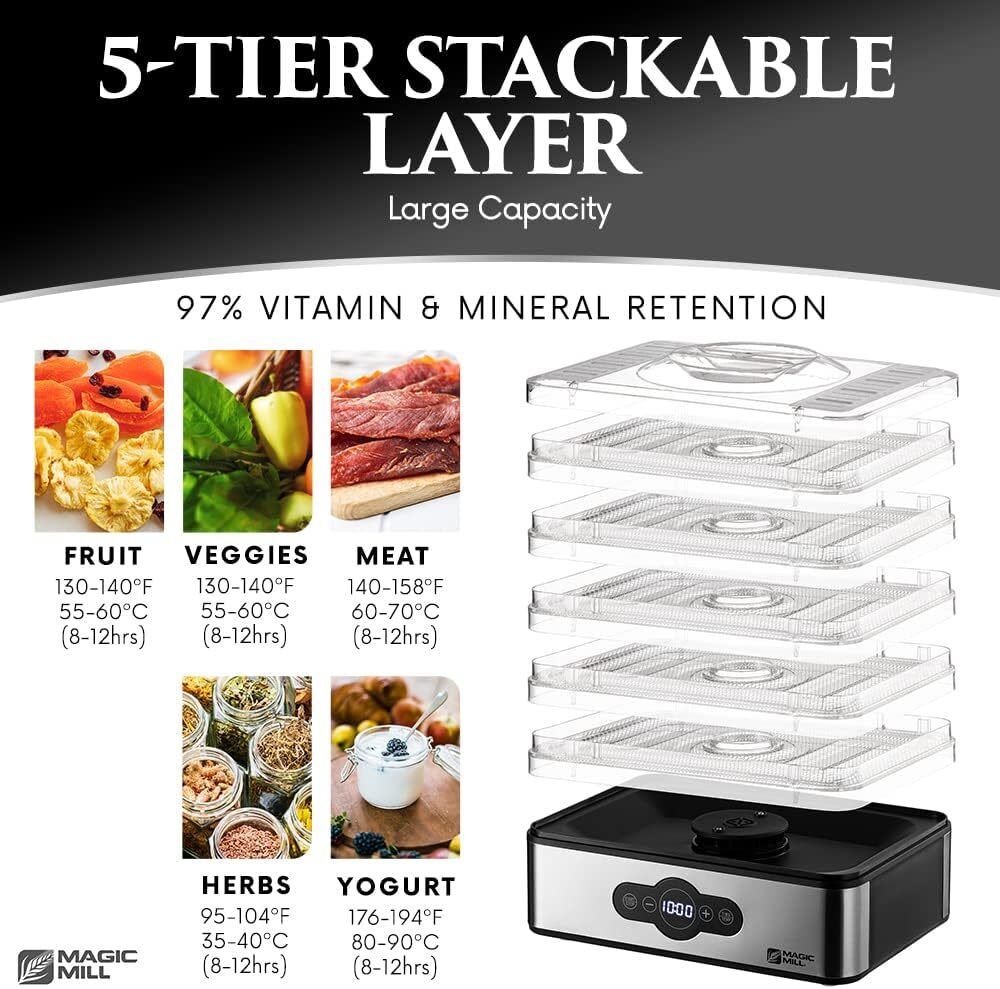 Food Dehydrator Machine | 5 Stackable Stainless Trays Dryer with Digital Timer