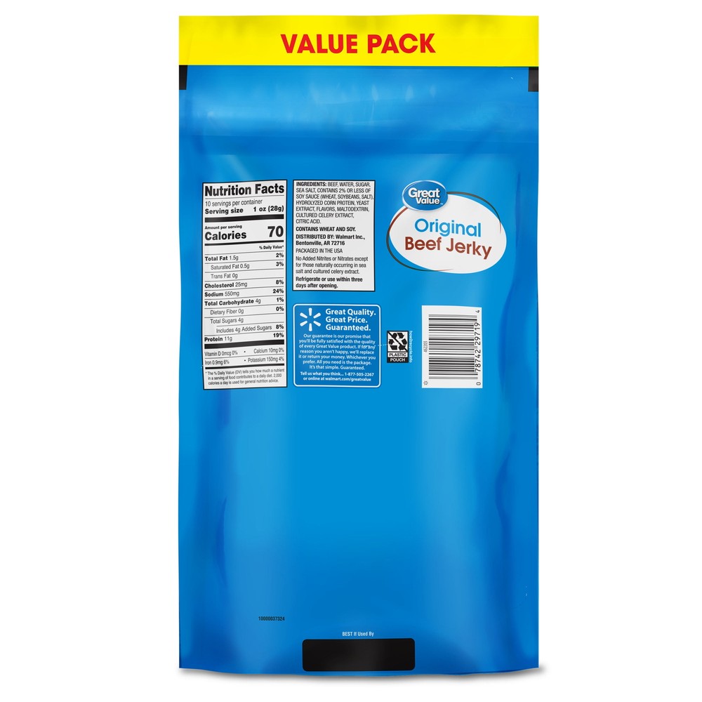 (2 pack) Great Value Original Beef Jerky Value Pack, 10 oz