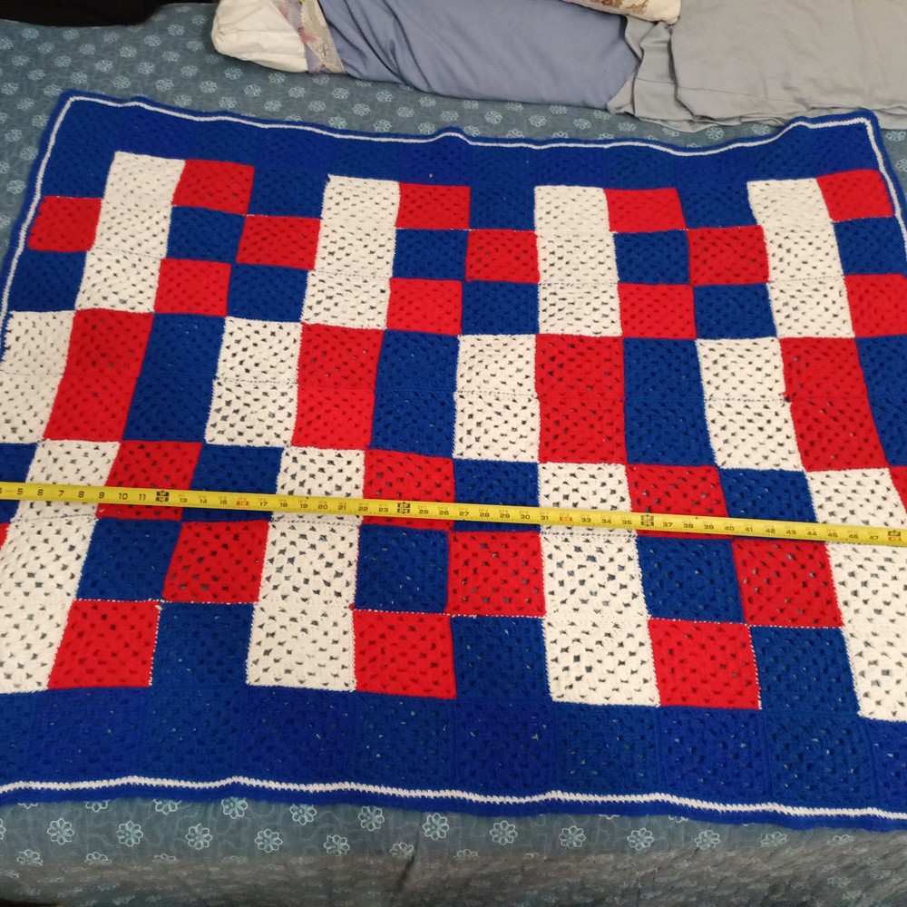 54x42 Crochet Blanket Red White Blue Checkered