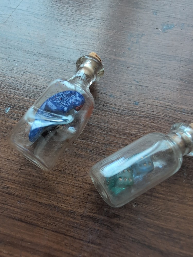 2 Tiny Tiny Bottles With Bird And Dice Inside