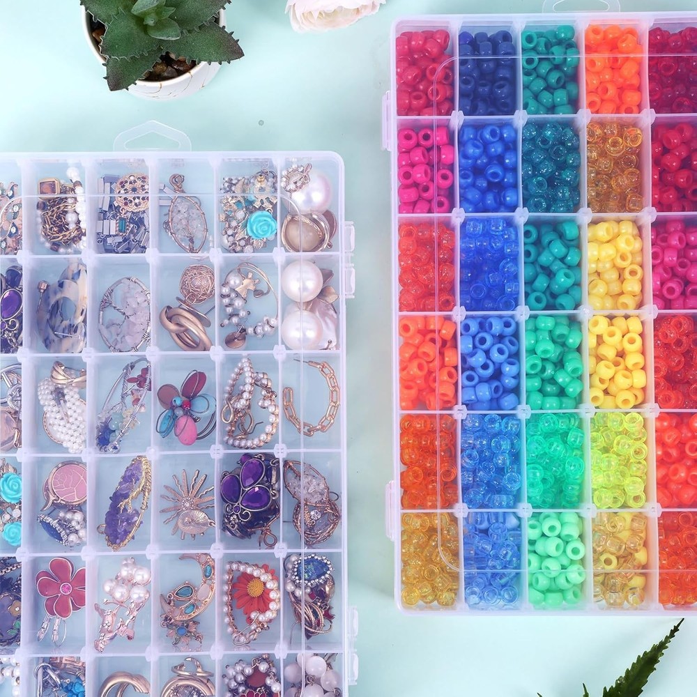 4 Pack 36 Grid Clear Bead Organizer Boxes with Adjustable Compartments & Labels