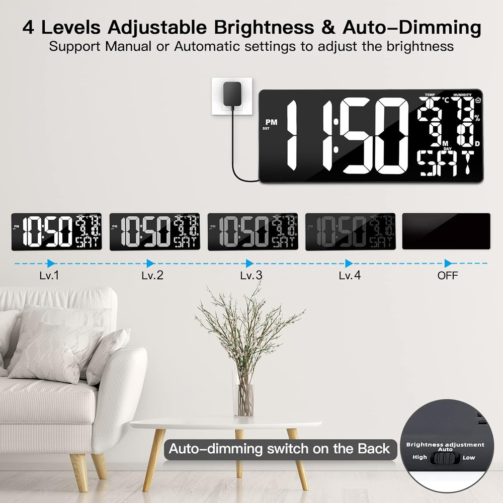 18 Inch Oversized Digital Wall Clock with Remote Control, Auto-Dimming, Temperat