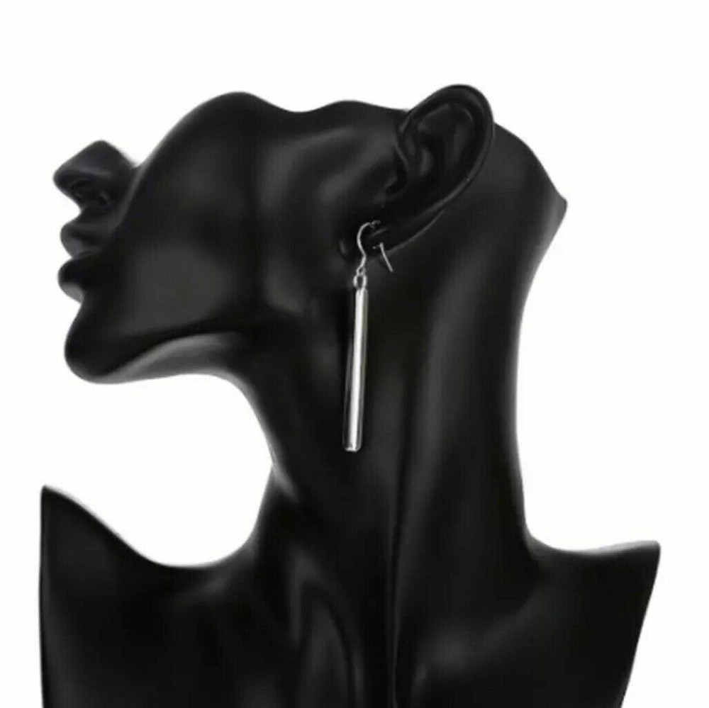 Silver Plated Vertical Solid Bar Drop Dangle Hook Earrings