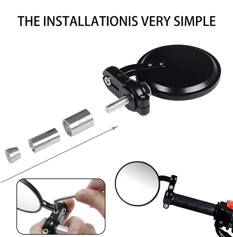 2pcs Black Motorcycle Bar End Mirrors, 3" Round Universal Side Rear View Mirrors