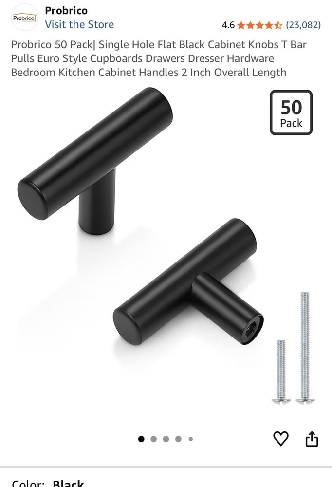 Probrico 50 Pack| Single Hole Flat Black Cabinet Knobs T Bar Pulls Euro Style
