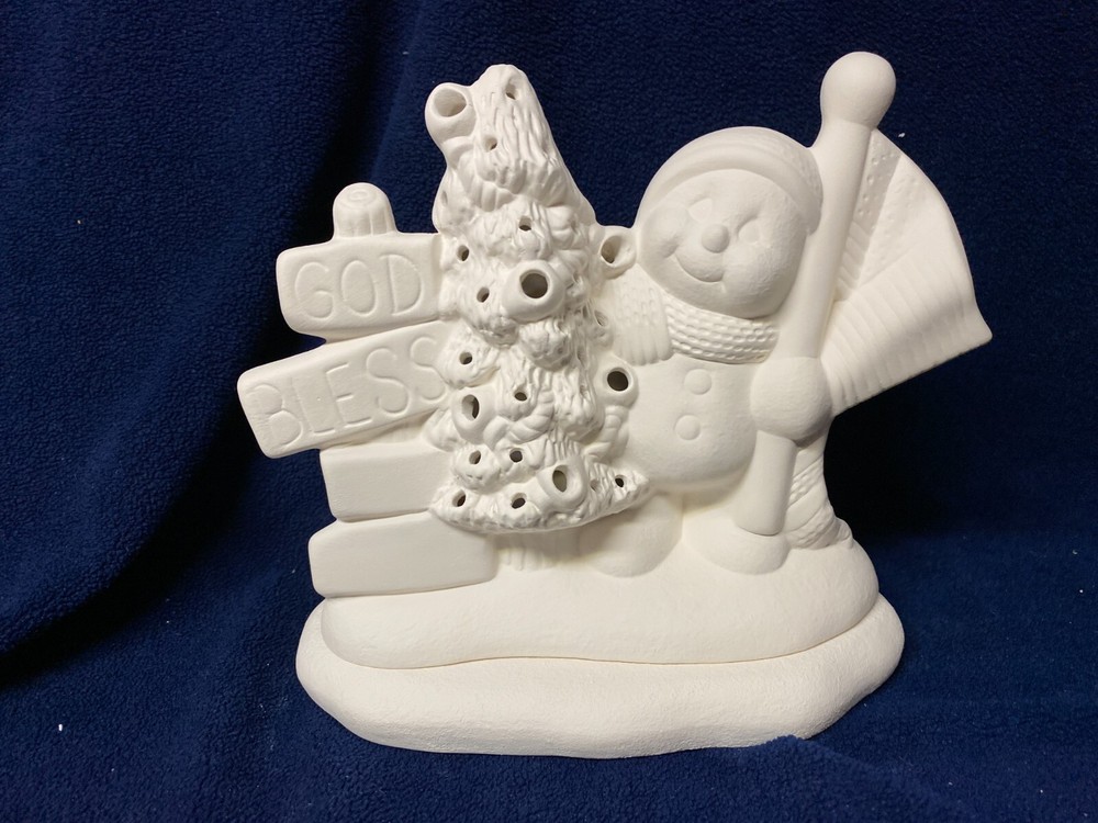 God Bless ____ ____ Snowman with Tree & Base Light Ceramic Bisque Ready to Paint