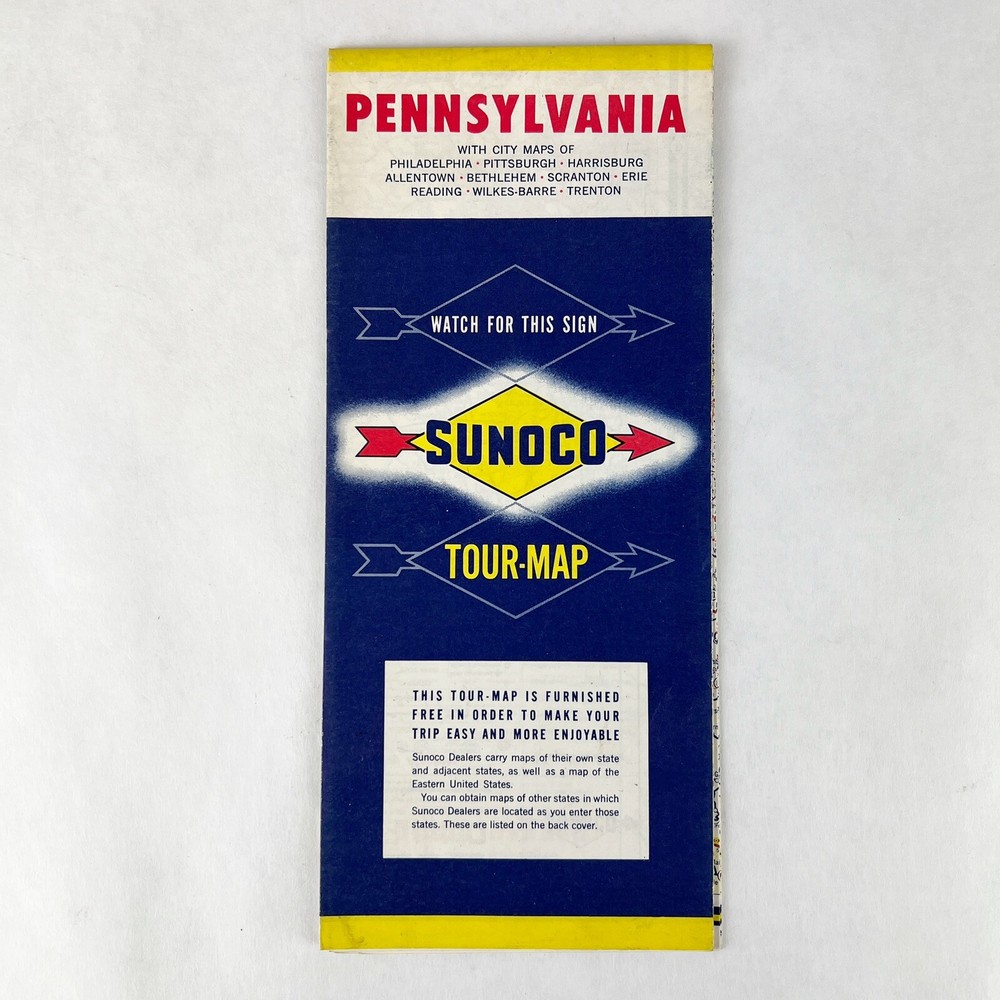 Vintage 1957 SUNOCO Pennsylvania Tour Map Road Map