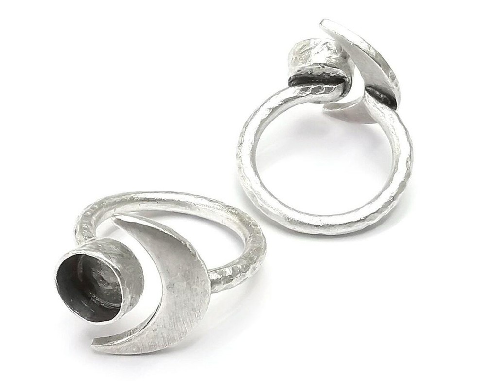 Crescent Moon Silver Ring Blank Base Bezel Settings Cabochon Base Brass G27153